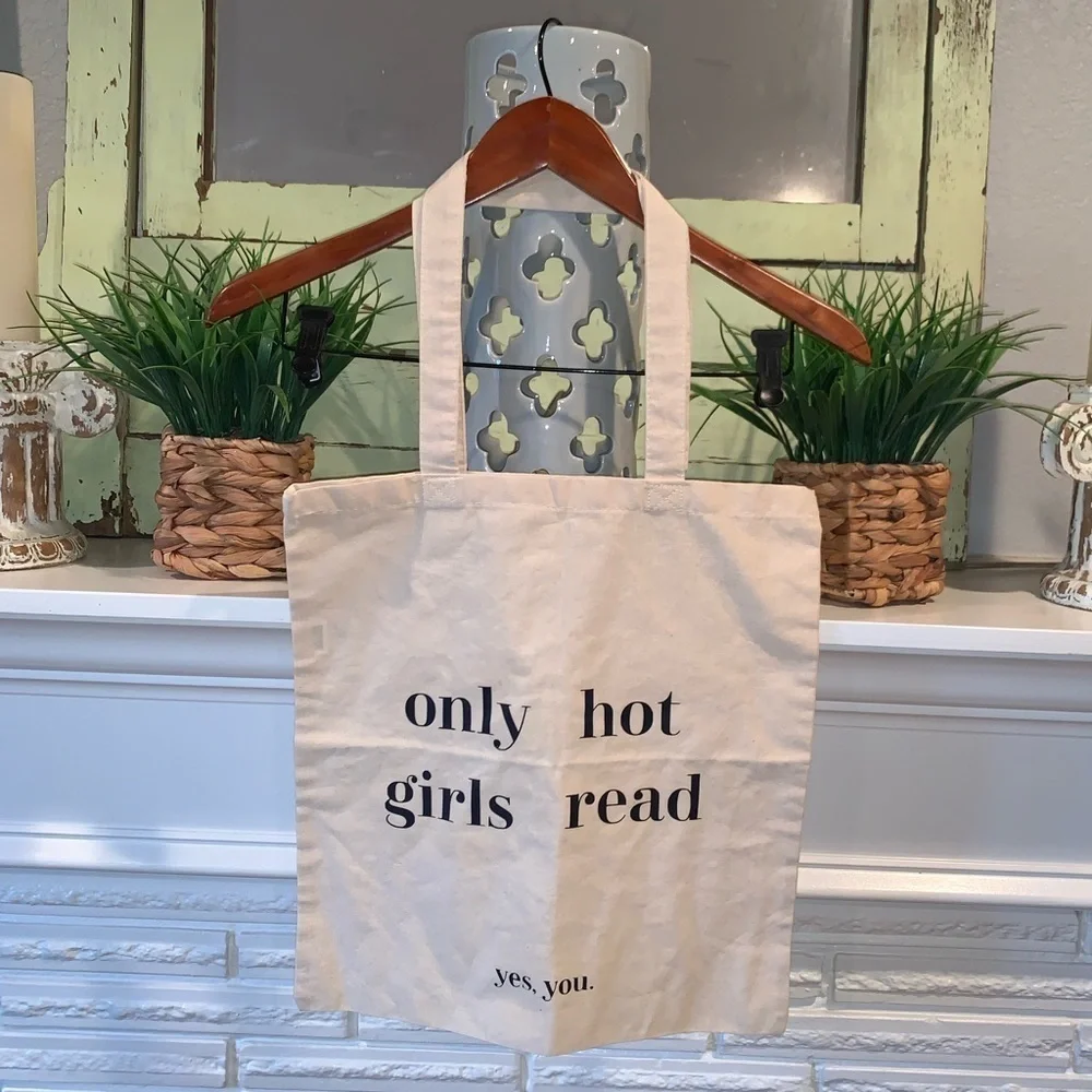 Canvas 15” Only Hot Girls Read Light Cream Tote Bag